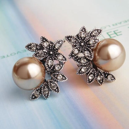 Exquisite Pearl Earrings with Inlaid Floral Rhinestones