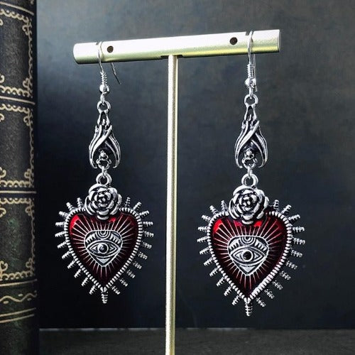 Retro Evil Eye Silver & Red Heart Dangle Earrings