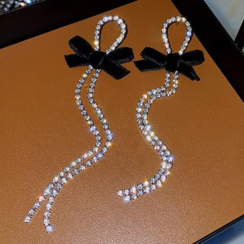 Stunning Long Crystal Drop Earrings with Black Bowknot