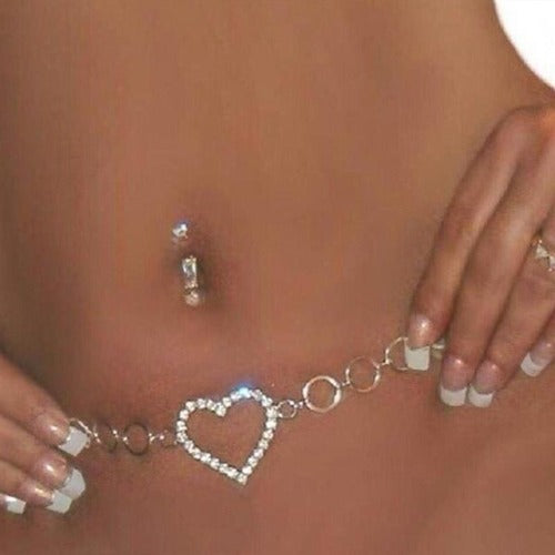 Silver and Rhinestone Heart Waist Chain