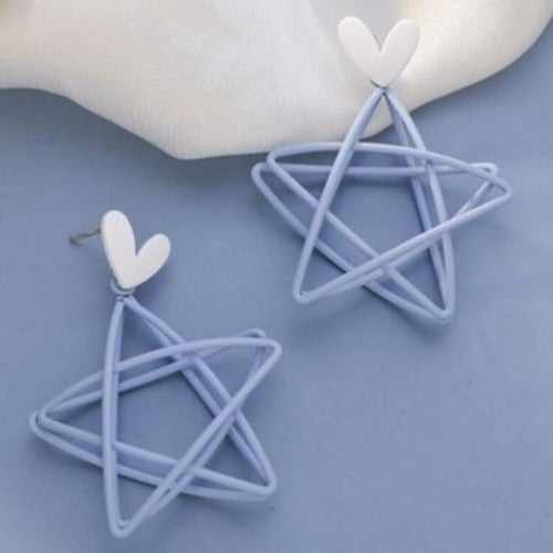 Sky Blue Star Dangle Earrings with White Hearts