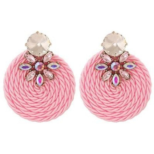 Colorful Rhinestone and Twisted Rope Round Earrings