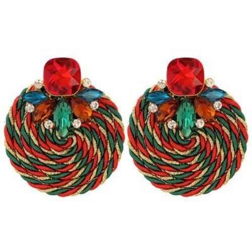 Colorful Rhinestone and Twisted Rope Round Earrings