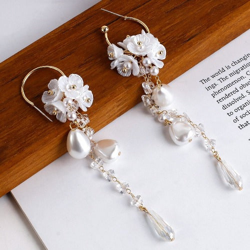 Pearl Drop & Crystal Bead Flower Petal Drop Earrings