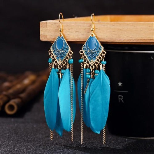 Colorful Feather and Gold Dangle Earrings