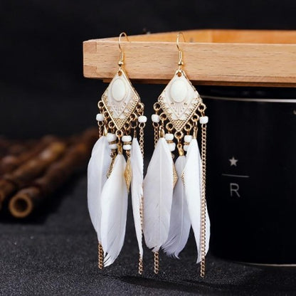 Colorful Feather and Gold Dangle Earrings