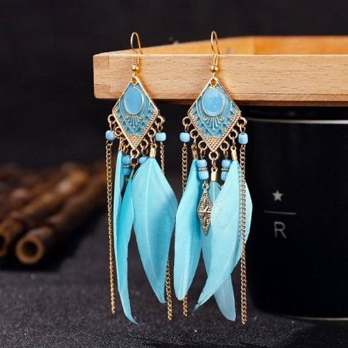 Colorful Feather and Gold Dangle Earrings