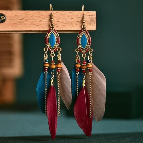 Retro Turquoise & Wine Feather Earrings