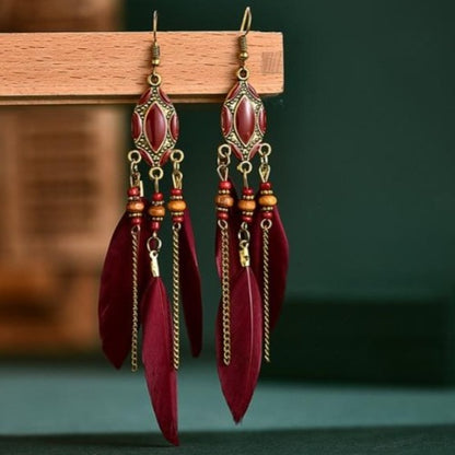 Retro Turquoise & Wine Feather Earrings