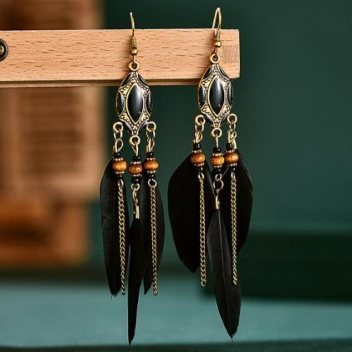 Retro Turquoise & Wine Feather Earrings