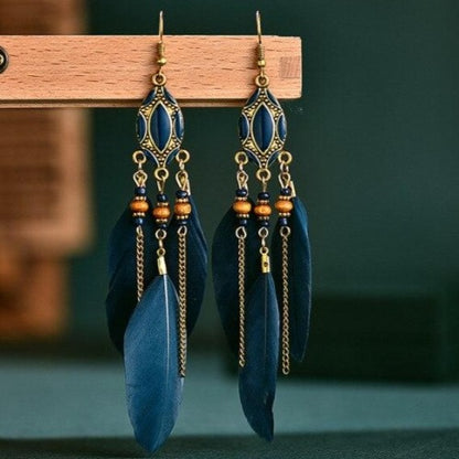 Retro Turquoise & Wine Feather Earrings