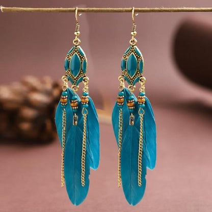 Retro Turquoise & Wine Feather Earrings