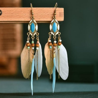 Retro Turquoise & Wine Feather Earrings