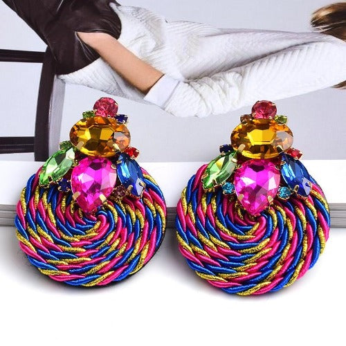 Colorful Crystal Round Braided & Twisted Robe Earrings