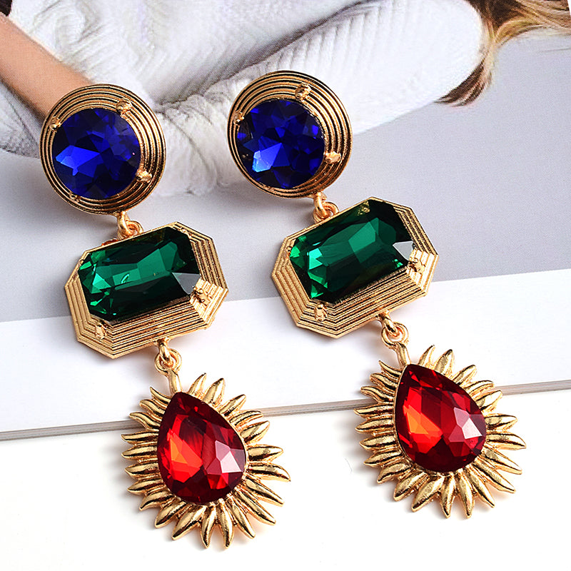 Colorful Crystal Triple Rhinestone & Gold Drop Earrings