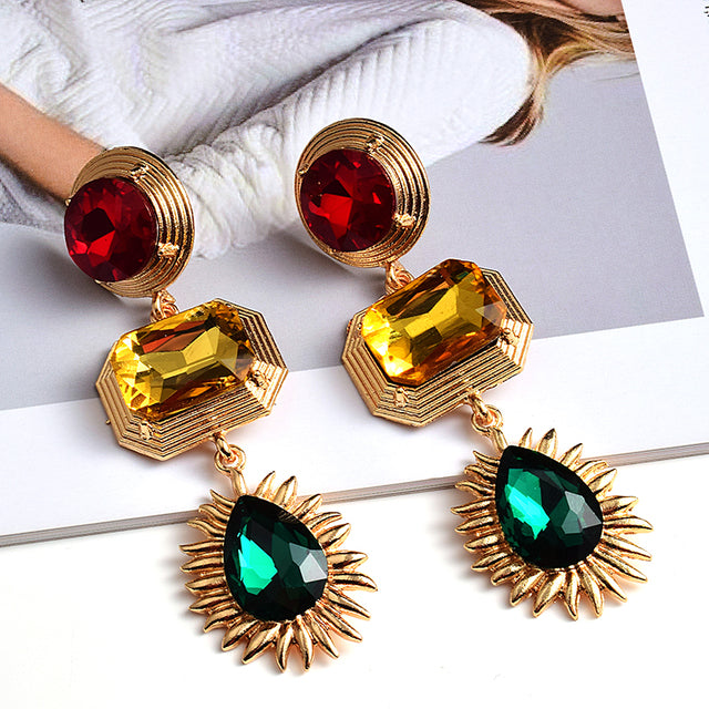 Colorful Crystal Triple Rhinestone & Gold Drop Earrings