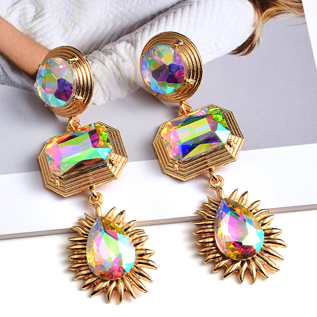 Colorful Crystal Triple Rhinestone & Gold Drop Earrings