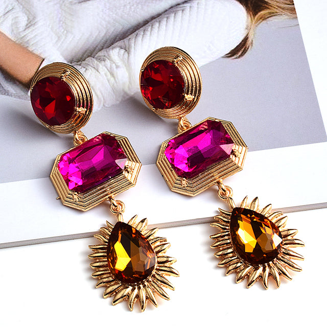 Colorful Crystal Triple Rhinestone & Gold Drop Earrings