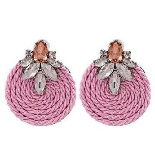 Colorful Rhinestone and Twisted Rope Round Earrings