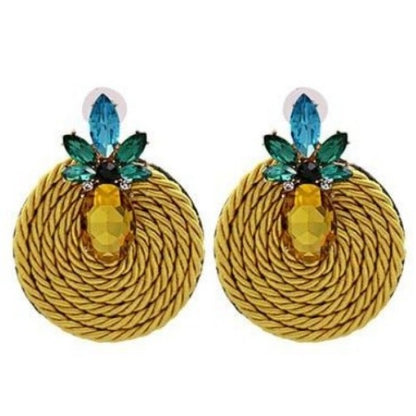 Colorful Rhinestone and Twisted Rope Round Earrings