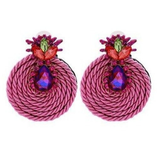 Colorful Rhinestone and Twisted Rope Round Earrings