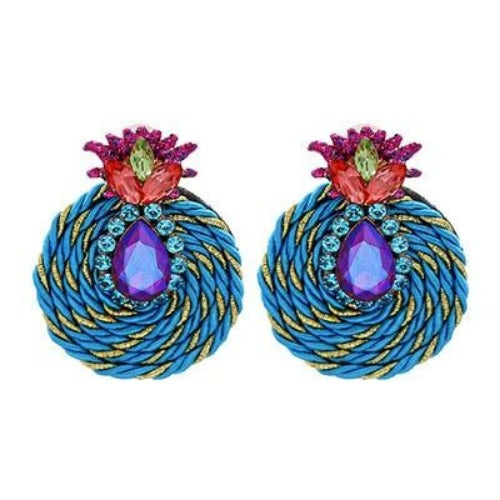 Colorful Rhinestone and Twisted Rope Round Earrings