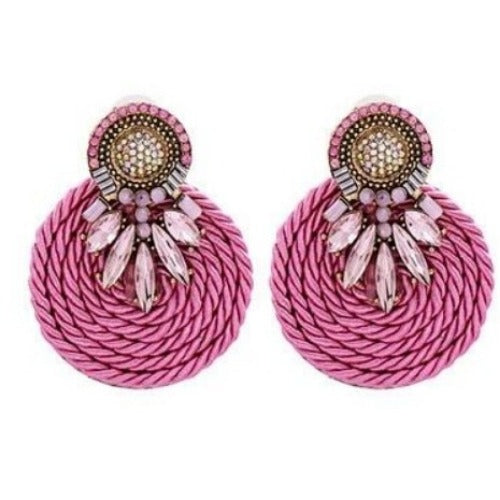 Colorful Rhinestone and Twisted Rope Round Earrings