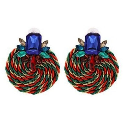 Colorful Rhinestone and Twisted Rope Round Earrings