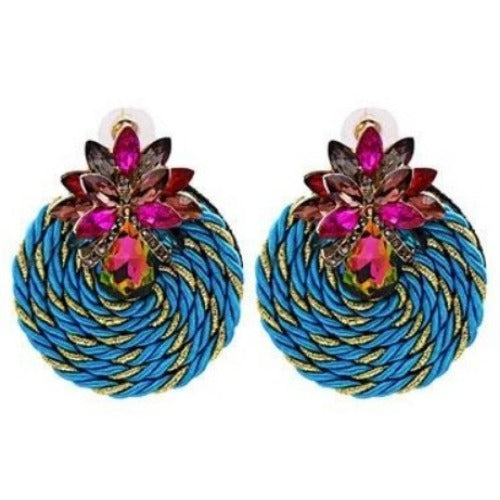 Colorful Rhinestone and Twisted Rope Round Earrings