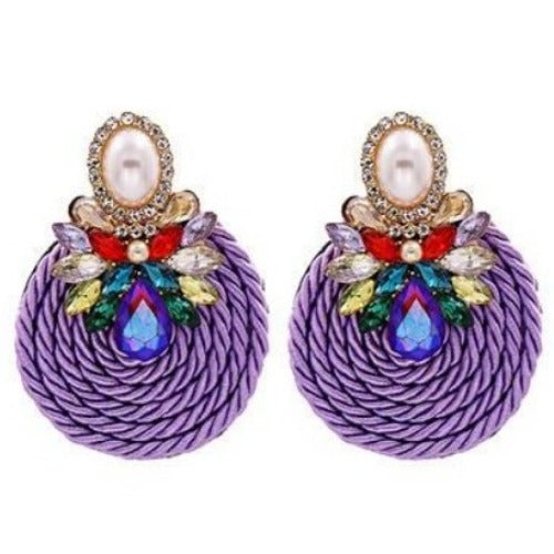 Colorful Rhinestone and Twisted Rope Round Earrings