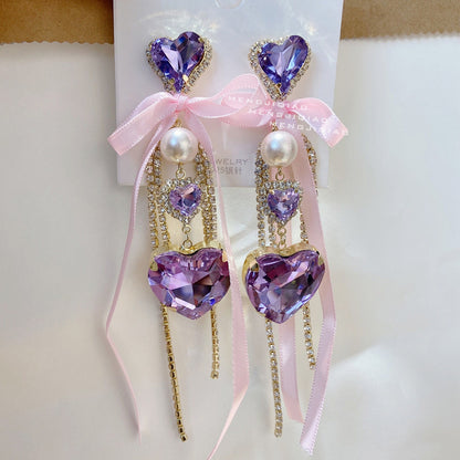 Bowknot Multi-Colored Heart Crystal Long Tassel Drop Earrings