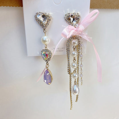 Bowknot Multi-Colored Heart Crystal Long Tassel Drop Earrings