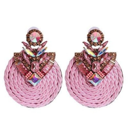 Colorful Rhinestone and Twisted Rope Round Earrings