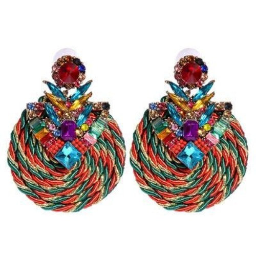 Colorful Rhinestone and Twisted Rope Round Earrings