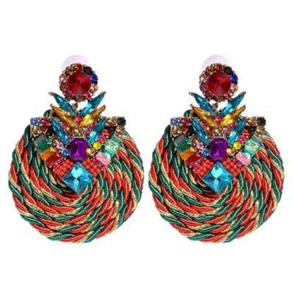 Colorful Rhinestone and Twisted Rope Round Earrings