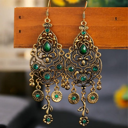 Indian Alloy Carved Flower Rhinestones Long Dangle Earrings