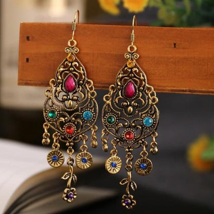 Indian Alloy Carved Flower Rhinestones Long Dangle Earrings