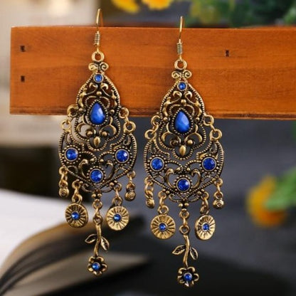 Indian Alloy Carved Flower Rhinestones Long Dangle Earrings