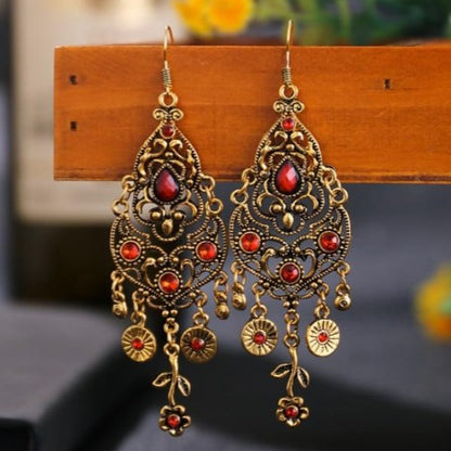 Indian Alloy Carved Flower Rhinestones Long Dangle Earrings