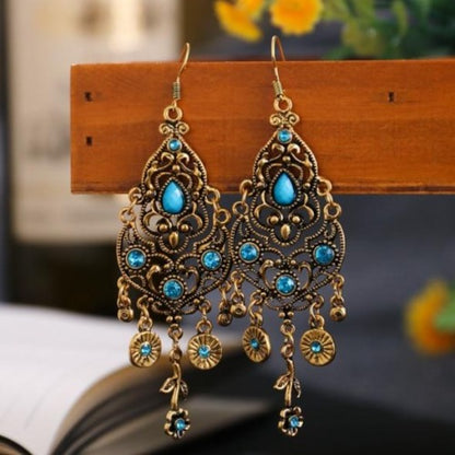 Indian Alloy Carved Flower Rhinestones Long Dangle Earrings