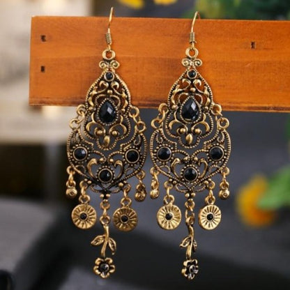 Indian Alloy Carved Flower Rhinestones Long Dangle Earrings