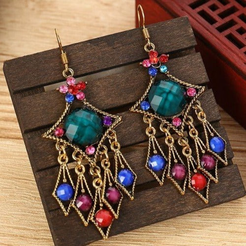 Indian Alloy Carved Flower Rhinestones Long Dangle Earrings