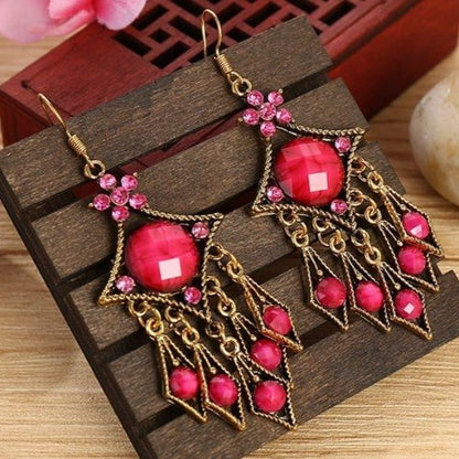 Indian Alloy Carved Flower Rhinestones Long Dangle Earrings