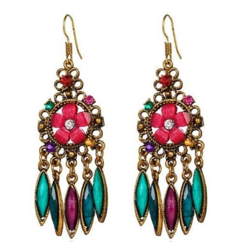 Indian Alloy Carved Flower Rhinestones Long Dangle Earrings