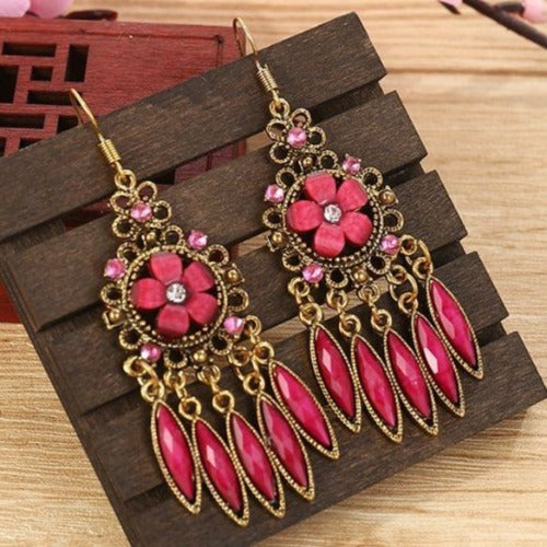 Indian Alloy Carved Flower Rhinestones Long Dangle Earrings