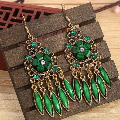 Indian Alloy Carved Flower Rhinestones Long Dangle Earrings