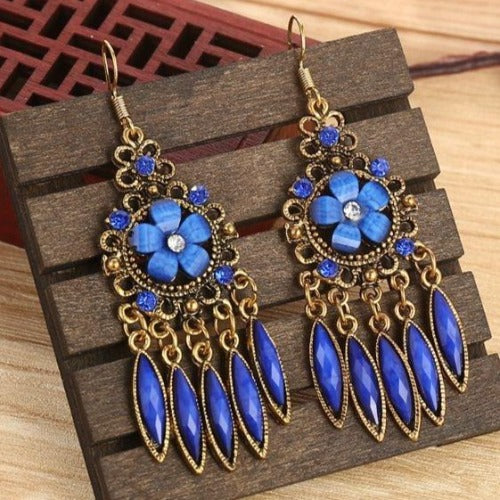 Indian Alloy Carved Flower Rhinestones Long Dangle Earrings