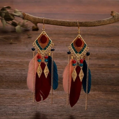 Colorful Feather and Gold Dangle Earrings