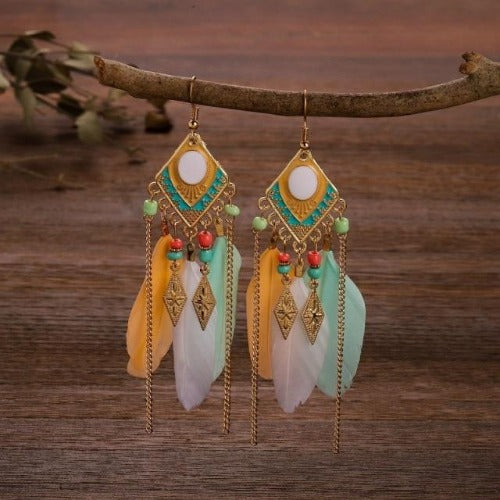 Colorful Feather and Gold Dangle Earrings