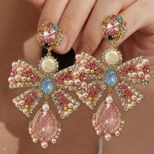 Korean Pink Rhinestone  Bowknot Drop Earrings